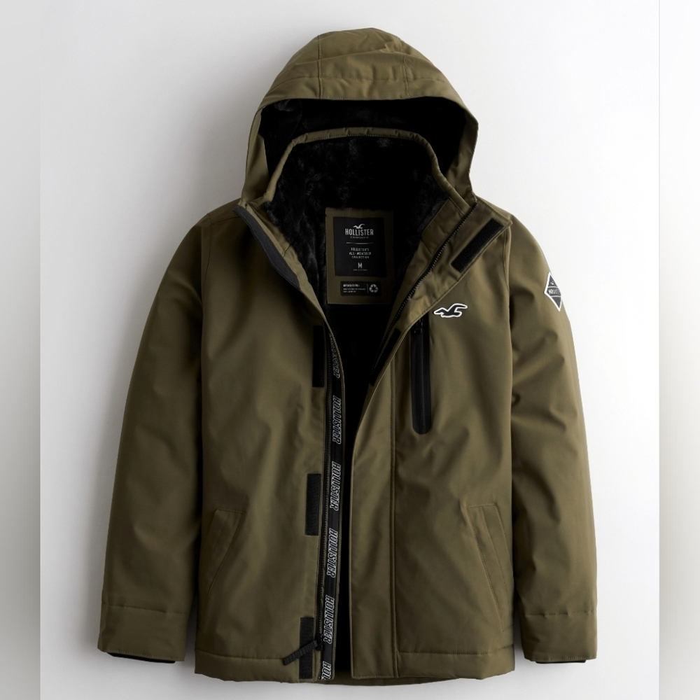 Men's Hollister Jacket Green Army XL All Weather Faux Fur Lining